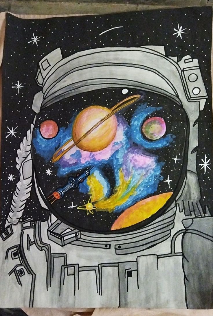 a drawing of an astronaut's space suit with planets and stars in the background