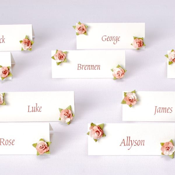 place cards with pink flowers on them are placed next to each other in the shape of roses