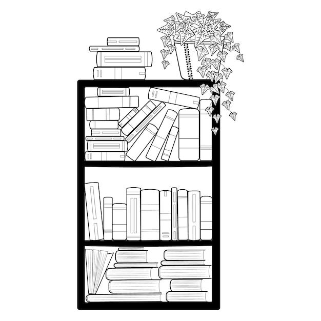 a black and white drawing of bookshelves with plants on top, in front of them