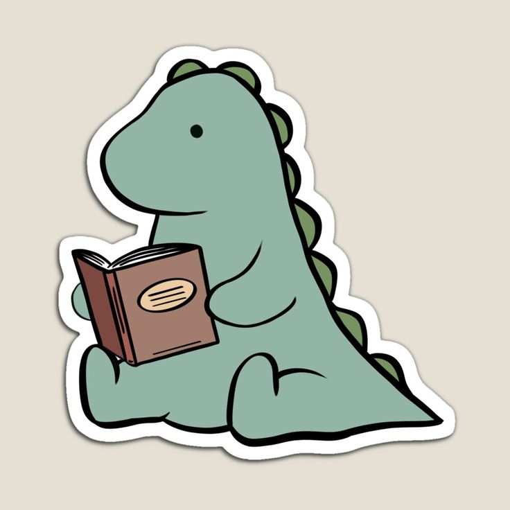 a sticker with a dinosaur reading a book on it's back and sitting down