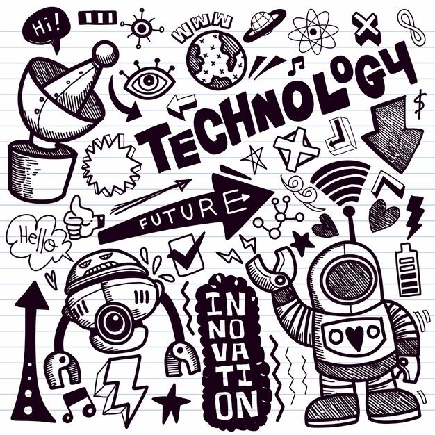 black and white doodle drawing of technology, with the words'technology future '