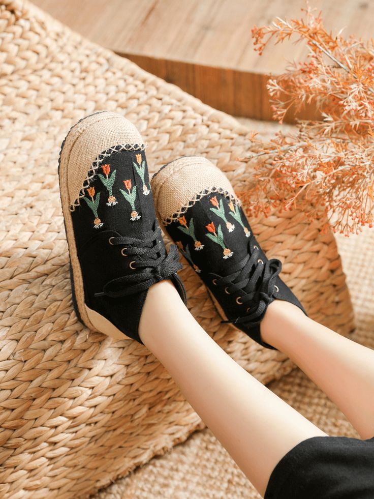 Upgrade your casual footwear collection this fall with these embroidered wreath flower linen sneakers boasting a retro aesthetic. These boat shoes bring lively style to your casual strides. Lace-up Canvas linen upper Man-made lining Natural straw mat breathable insole Anti-skid TPR sole. Embroidered Wreath, Cactus Rose, Wreath Flower, Reindeer Headband, Casual Footwear, Black Retro, Embroidered Linen, Rose Black, Footwear Collection