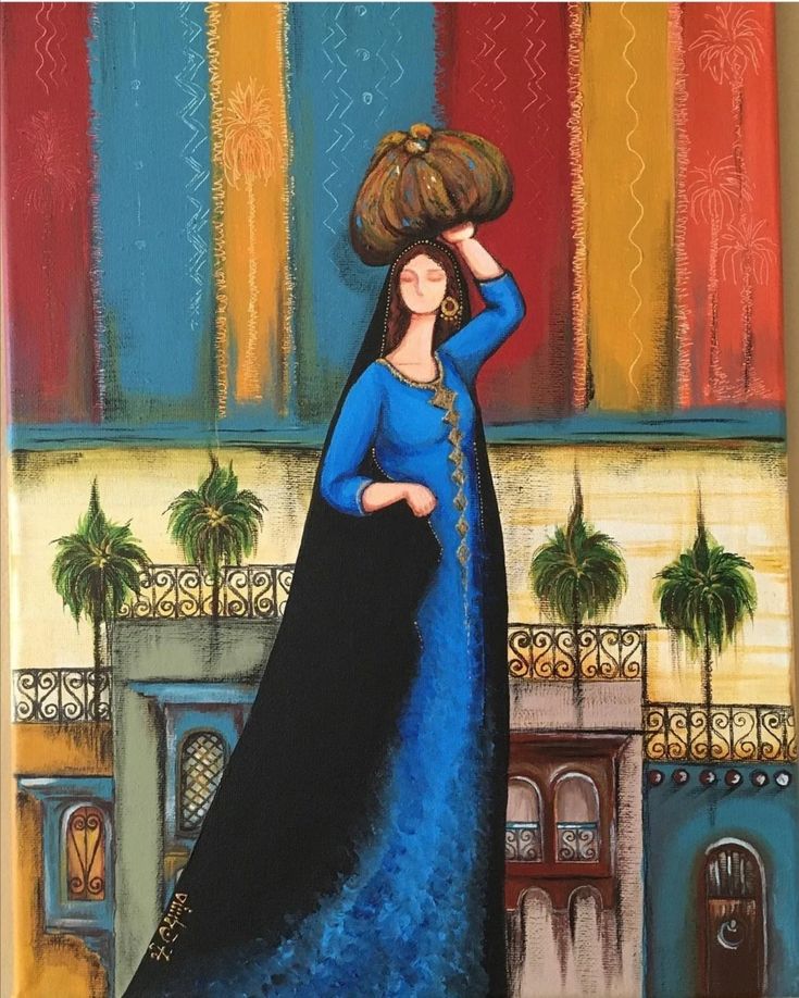 a painting of a woman wearing a blue dress and carrying a basket on her head