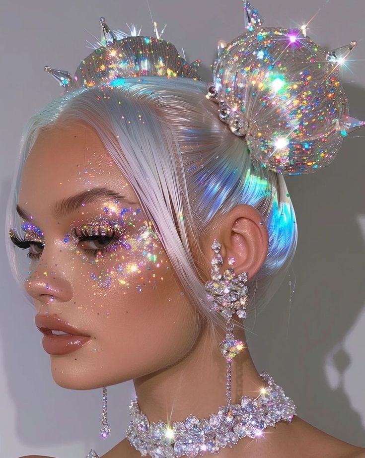 ♔ Scintillant ♔ Sparkly Cosmos Makeup, Makeup Photoshoot Ideas, Alien Hair, Cosmic Makeup, Drag Make-up, Chique Outfits, Creative Makeup Looks, Festival Makeup, Glitter Hair