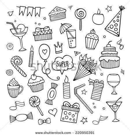 black and white hand drawn doodle illustration of birthday party items, including cupcakes,