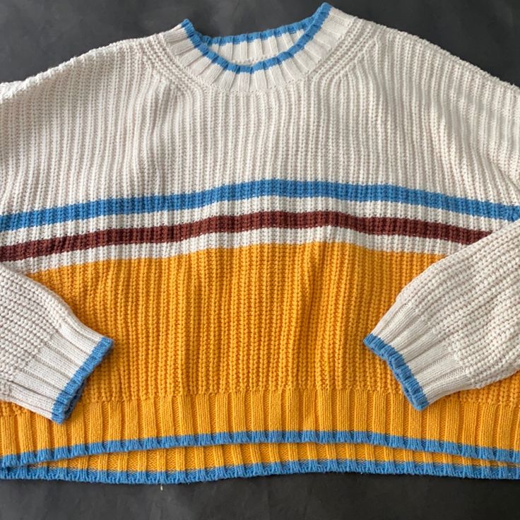 Cropped Knit Colorful Sweater. Great Condition Never Worn! Cozy Striped Cotton Sweater, White Acrylic Color Block Sweater, Multicolor Ribbed Crew Neck Sweater, Casual Cotton Cropped Sweater With Chunky Knit, Casual Cotton Cropped Chunky Knit Sweater, Casual Chunky Knit Cropped Sweater, Retro Striped Color Block Sweater, White Cotton Color Block Sweater, Casual Colorful Acrylic Sweater