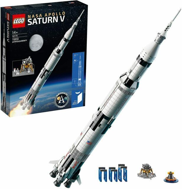 the lego saturn v rocket is in its box and it's ready to launch