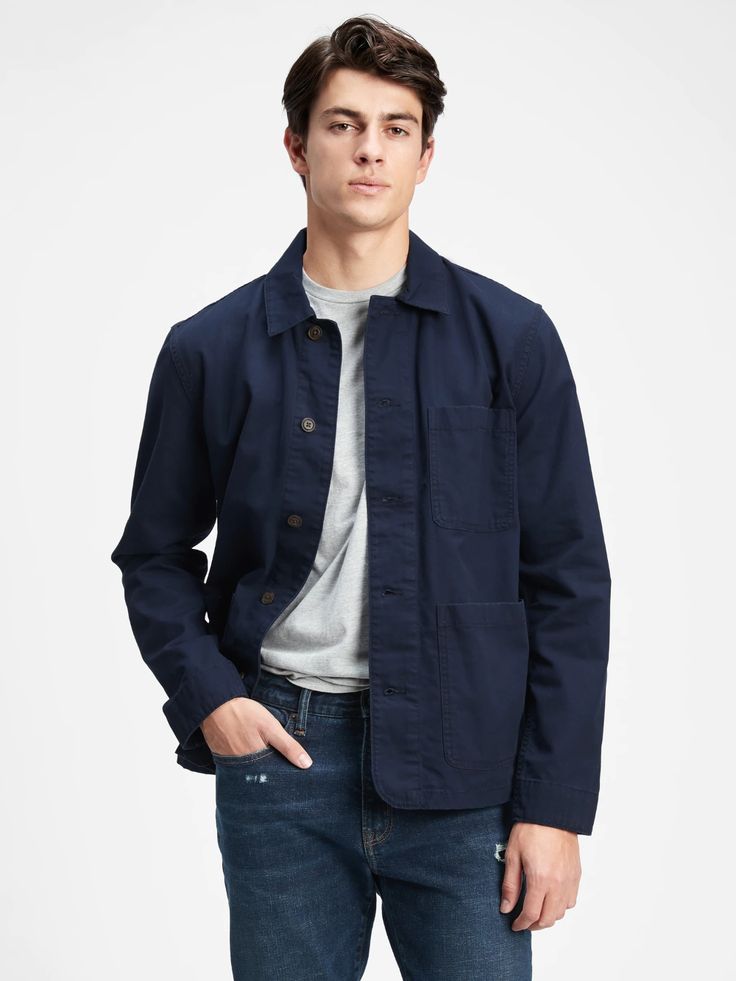 Chore Jacket | Gap Factory Cotton Outerwear With Buttons For Fall, Fall Cotton Outerwear With Buttons, Single-breasted Cotton Long-sleeve Outerwear, Cotton Utility Jacket With Pockets And Long Sleeves, Utility Blazer With Patch Pockets For Fall, Long Sleeve Cotton Utility Jacket With Pockets, Cotton Outerwear With Patch Pockets For Fall, Collared Cotton Outerwear For Fall, Cotton Outerwear With Snap Buttons