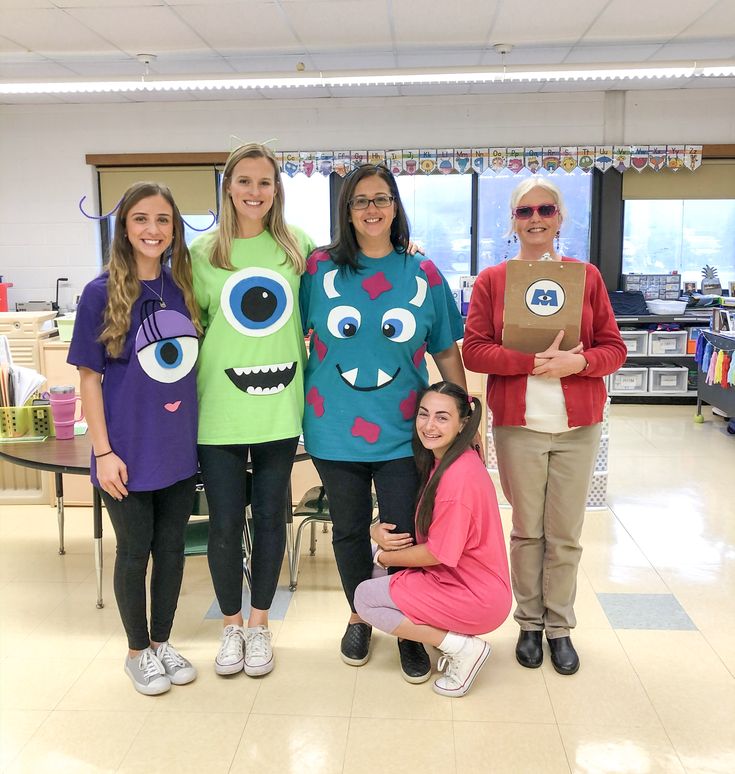 Adults Halloween Costumes, 4 Character Halloween Costumes, Monster Day At School, Halloween Costume Themes For Work, Monsters Inc Characters Costumes, Monsters Inc Spirit Week, Halloween Monsters Inc, Roz Monsters Inc Costume Diy, Easy Diy Disney Costume