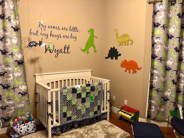 a baby's room decorated with dinosaur wall decals and crib bedding