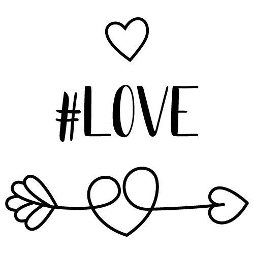 the word love written in black ink on a white background with hearts and an arrow