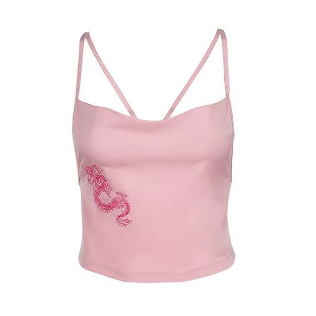 dragon pattern pink cute bralette crop top clubwear backless sexy off shoulder tank tops Pink Stretch Tank Top For Party, Fitted Pink Tank Top With Built-in Bra, Fitted Pink Tank Top For Party, Pink Crop Top For Club In Summer, High Stretch Pink Crop Top For Summer, Fitted Pink Top With Built-in Bra, Trendy Pink Club Tank Top, Y2k Pink Crop Top For Clubbing, Trendy Pink Tank Top For Club