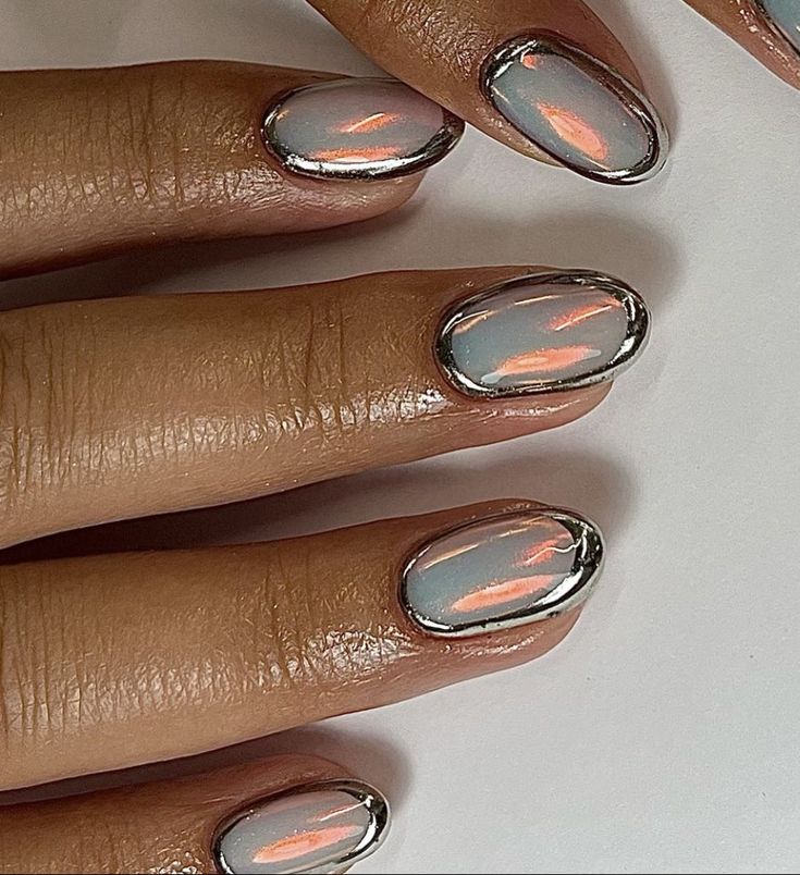 Basic Short Nail Designs, Mixed Metal Nails, Short Sns Nails, Short Cat Eye Nails, Eclectic Nails, Galactic Nails, Lesbian Nails, Brat Nails, Irridescent Nails