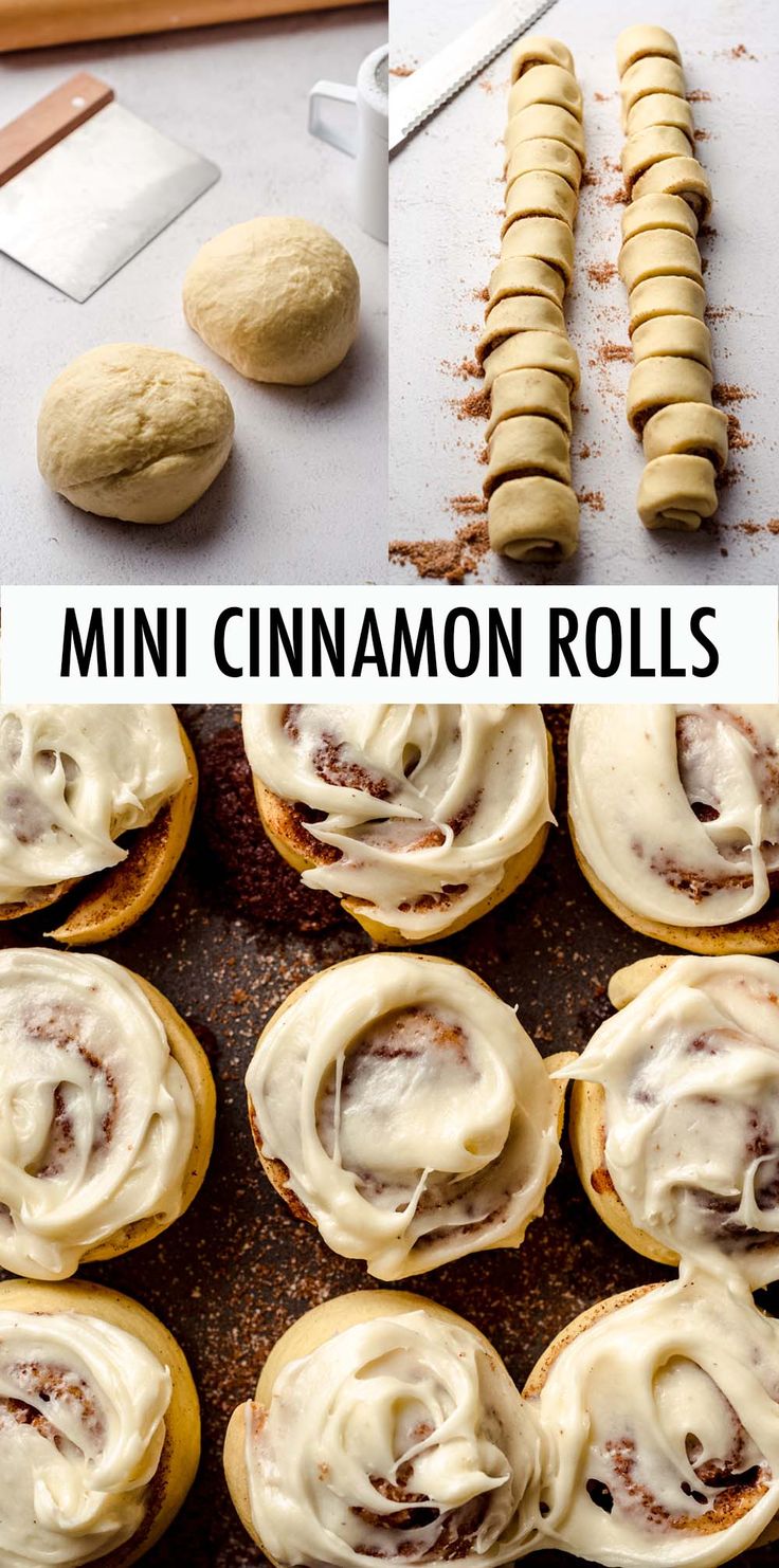 mini cinnamon rolls on a baking sheet with icing and other ingredients in the background