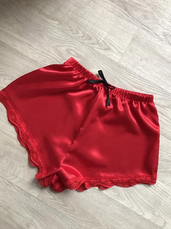 Red Satin Summer Bottoms, Red Satin Bottoms For Summer, Red Satin Bottoms, Red Satin Party Bottoms, Summer Satin Bottoms With Lace Trim, Red Lace Trim Summer Bottoms, Sleep Shorts, Satin Pajamas, Red Shorts