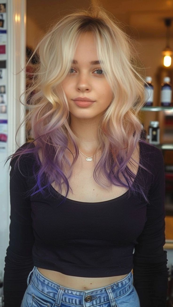 Color Craze: 30 Hair Color Ideas to Spark Your Creativity Dip Ends Hair, Blonde Hair With Accent Color, Colored Hair Peekaboo, Dyed Hair For Blondes Colour, Colorful Hair Dye Ideas For Blondes, Dip Dyed Hair Blonde, Blonde Hair Colored Ends, Blonde Hair With Red Tips Dip Dyed, Colored Ends Of Hair Blonde