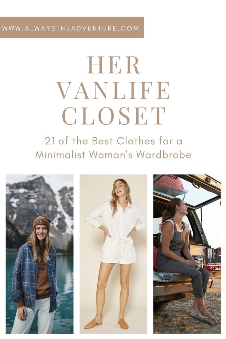 What are the best clothes for vanlife?  What does a woman's minimalist closet look like?  Read about my favorite versatile garments in my van! #vanlife #vanlifediaries #vancrush #campervan #homeonwheels #vanconversion  #vanlifeproject #campervanliving #vanlifeadventures #camperlife #sprintervan Capsule Wardrobe For Rv Living, Vanlife Capsule Wardrobe, Van Life Fashion, Van Life Outfits For Women, Van Life Capsule Wardrobe, Van Life Closet, Van Life Clothes, Van Life Wardrobe, Campervan Outfit