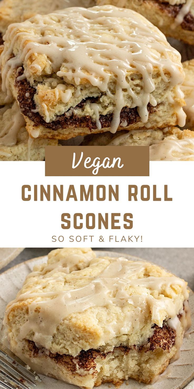 vegan cinnamon roll scones with cream cheese frosting on top and an image of the