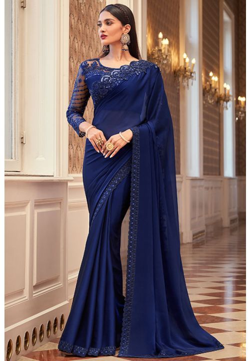 Royal Blue Embroidered Georgette Saree Navy Blue Georgette Saree, Navy Blue Saree Party Wear, Engagement Saree Look, Farewell Saree, Royal Blue Saree, Bollywood Sarees Online, Blue Color Saree, Navy Blue Saree, Classic Saree