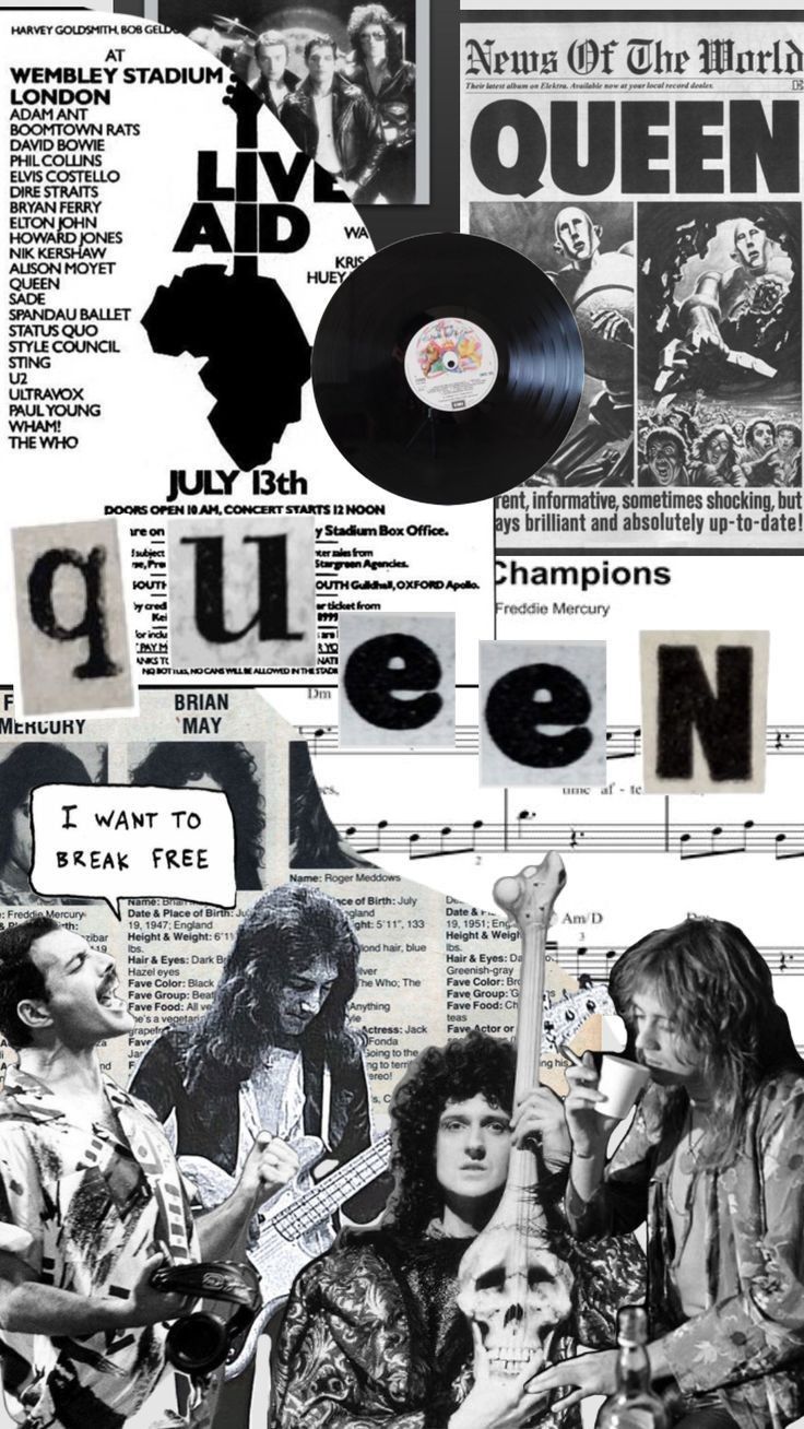 an advertisement for queen's new album, featuring pictures of the band members and their names