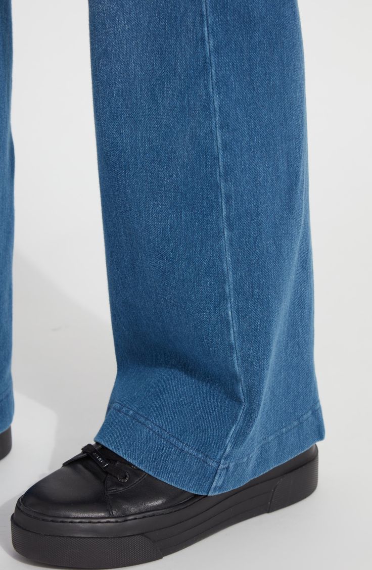 Slimming lines and a comfortable high waist create a streamlined look in wide-leg trousers cut from stretch-cotton denim. 33" inseam; 10" leg opening; 10 1/2" front rise; 13 1/2" back rise Side zip closure Back welt pockets 95% cotton, 5% spandex Machine wash, line dry Imported Hosiery Relaxed Fit Dark Wash Wide Leg Pants, Dark Wash Relaxed Fit Wide Leg Pants, Dark Wash Wide Leg Pants For Work, Medium Wash Full Length Wide Leg Work Pants, Relaxed Fit Denim Blue Flare Jeans For Work, Relaxed Fit Wide Leg Denim Pants, Modern Relaxed Fit Denim Flare Jeans, Medium Wash Full Length Wide Leg Pants For Work, Denim Wide Leg Pants For Work