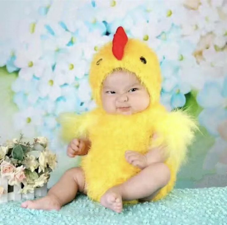 a baby in a chicken costume sitting next to flowers