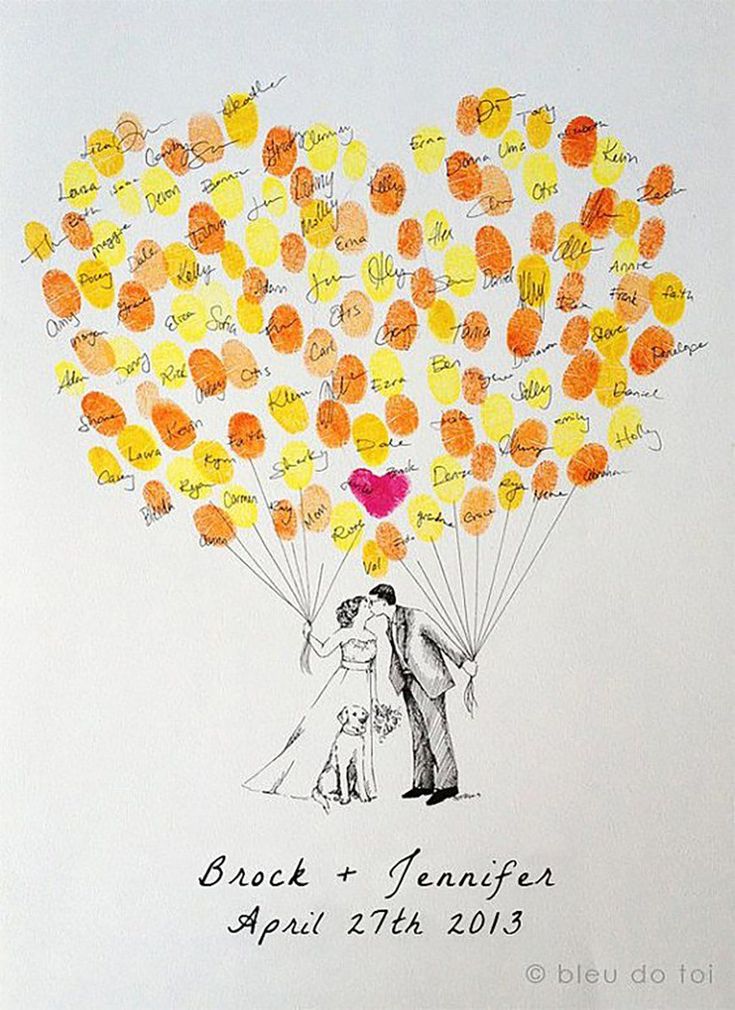 a drawing of a bride and groom holding balloons with the names of their wedding day written on them