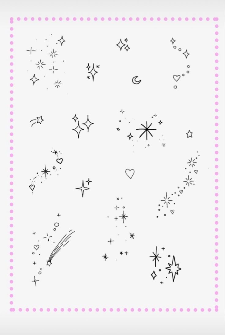 a drawing of stars and sparkles on a white background with pink polka dot border