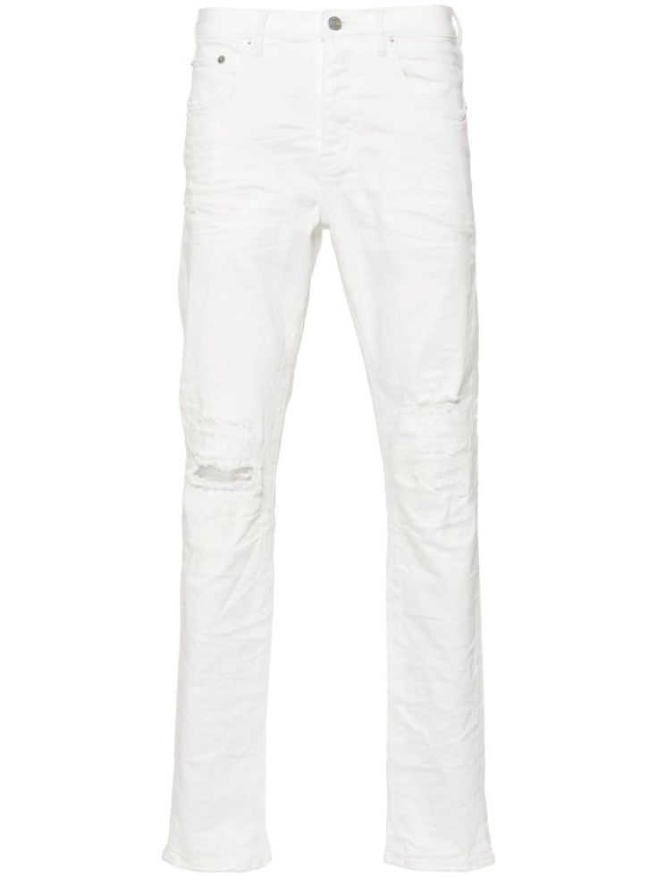 white cotton blend denim distressed effect decorative stitching logo-engraved silver-tone hardware logo patch to the rear low-rise straight leg skinny cut classic five pockets belt loops button fly fastening unlined Stitching Logo, Hardware Logo, Decorative Stitching, Silver Engraving, Pocket Belt, Jeans White, White Cotton, Patch Logo, White Jeans