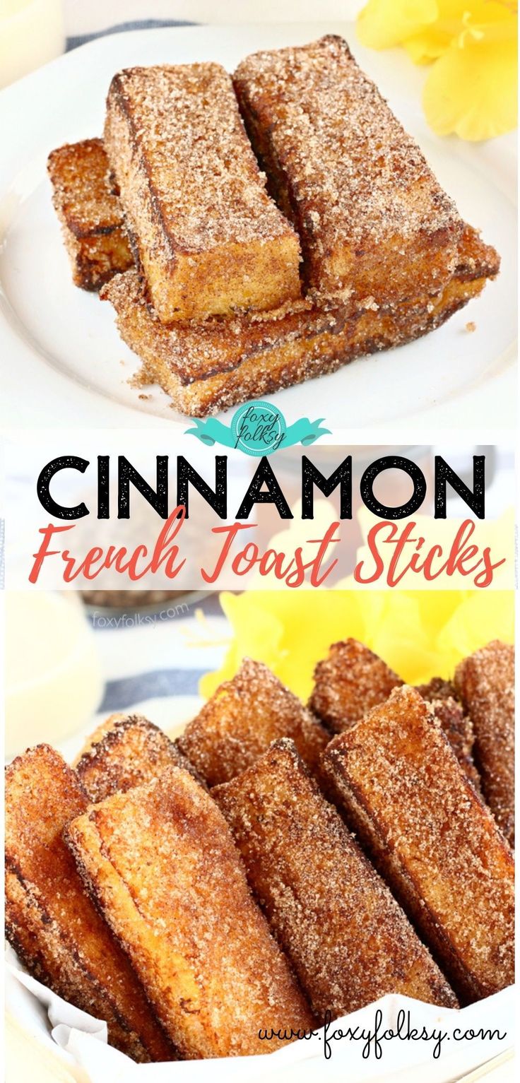 cinnamon french toast sticks on a plate with flowers in the background and text overlay