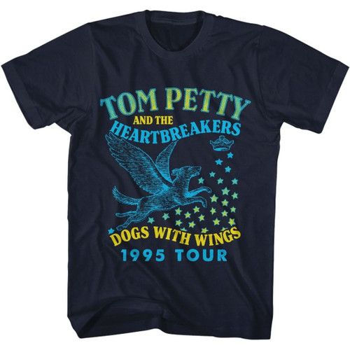 Our Tom Petty and the Heartbreakers concert t-shirt is from the band's 1995 Dogs with Wings Tour. This set of shows was performed following the release of Wildflowers, Tom Petty's second solo release, as well as the release of the band's Greatest Hits album, which featured the hit, Mary Jane's Last Dance, recorded during the Wildflowers sessions. Made from 100% blue cotton, this men's unisex tee has distressed graphics for a vintage look. #tompetty #mensfashion #bandtees #rockerrags Tom Petty T Shirt, Tom Petty And The Heartbreakers, Wings Tour, Retro Graphic Tees, Tom Petty, Rock Legends, Eco Friendly Fabric, Rock Music, Shirts Tops