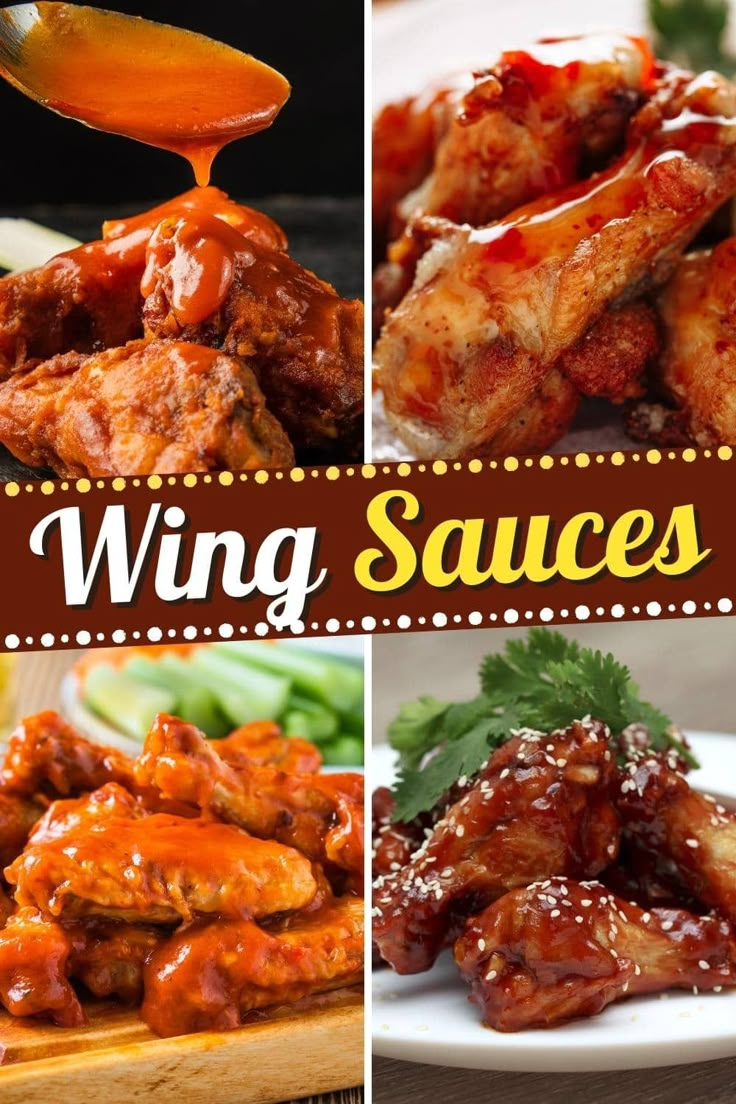 several different pictures with the words wing sauces on them and images of chicken wings