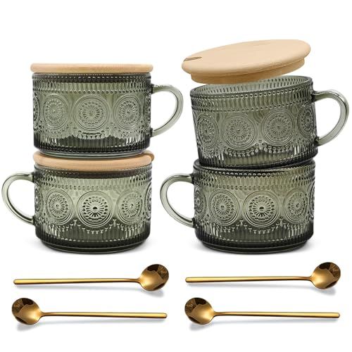 four glass mugs with spoons and gold handles