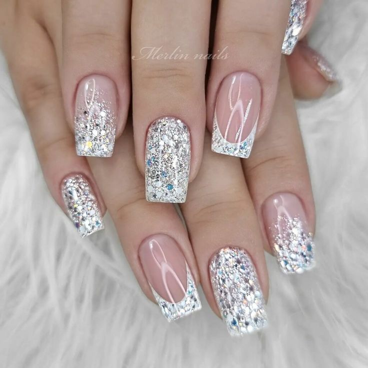 Summer Wedding Guest Nails Ideas, French Bling Nails, Bachelorette Nails The Bride, Bachelorette Nail Ideas, Vacation Nails Coffin, Mylar Nails, 21st Birthday Nails, Champagne Nails, Glitter French Nails