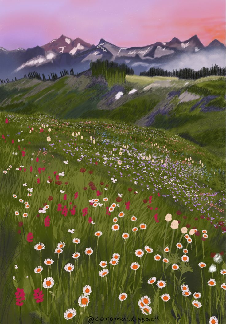 a painting of flowers in a field with mountains in the backgrounnd and pink sky