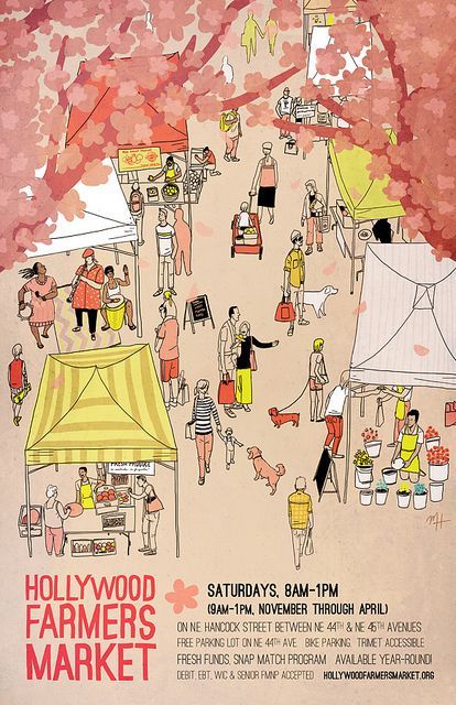 the hollywood farmers market poster is shown in red, yellow and green colors with people walking around