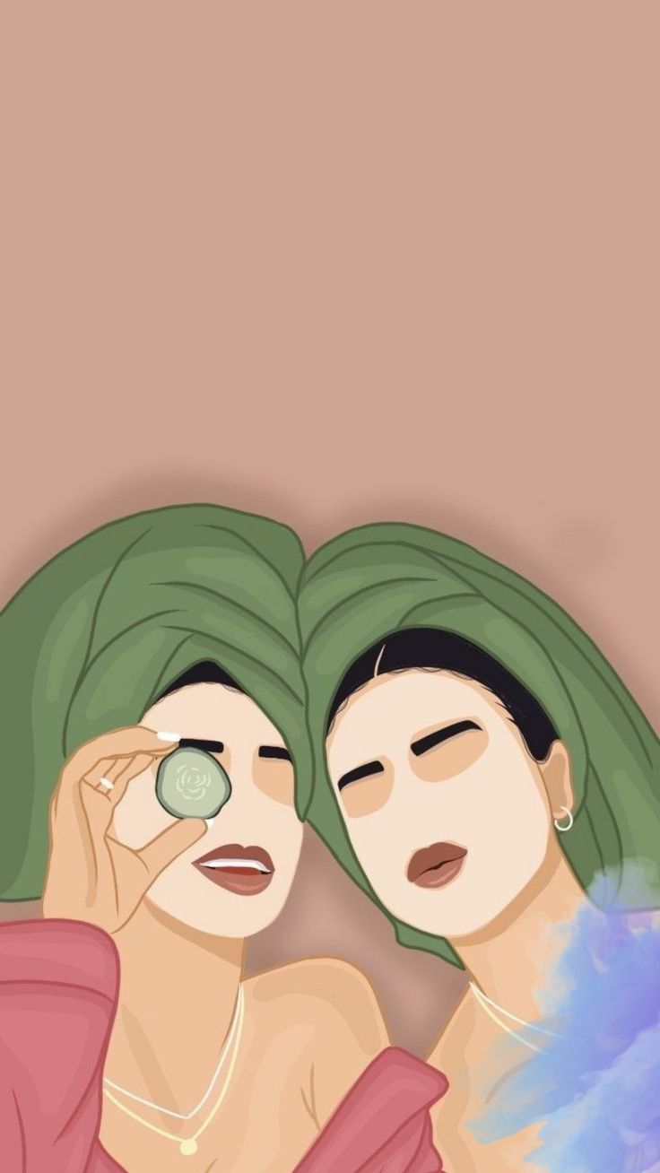 two women with green towels on their heads are looking in the mirror and one woman has her eyes closed