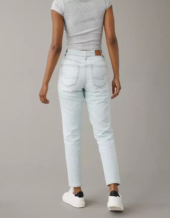 AE Strigid Mom Jean Trendy Mom Fit Tapered Leg Bottoms, Trendy High-rise Tapered Bottoms, Light Wash Tapered Leg Bottoms, Light Wash Tapered Leg Bottoms For Everyday, Mom Fit Tapered Leg Bottoms With Belt Loops, Everyday Light Wash Tapered Leg Bottoms, High Waist Mom Fit Pants For Everyday, High-waisted Mom Fit Pants For Everyday, Everyday Mom Fit Pants With Tapered Leg