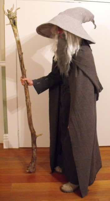 a man dressed as an old wizard holding a stick and wearing a long gray hat