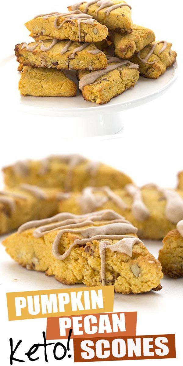 two pictures of pumpkin pecan scones with frosting on top and the bottom