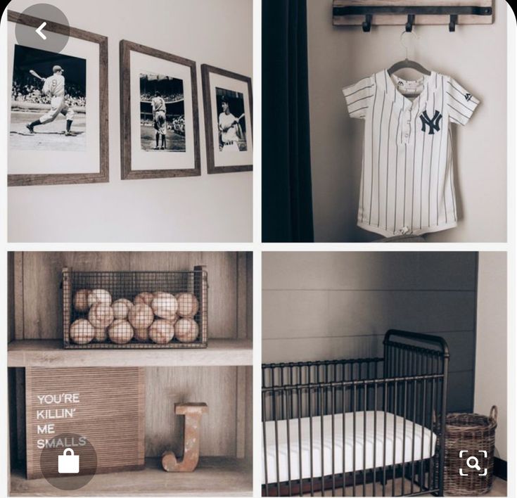 three pictures of baseball memorabilia and baby clothes hanging on the wall next to a crib