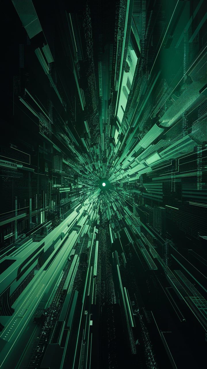 an abstract green and black background with lots of lines in the center, as well as buildings