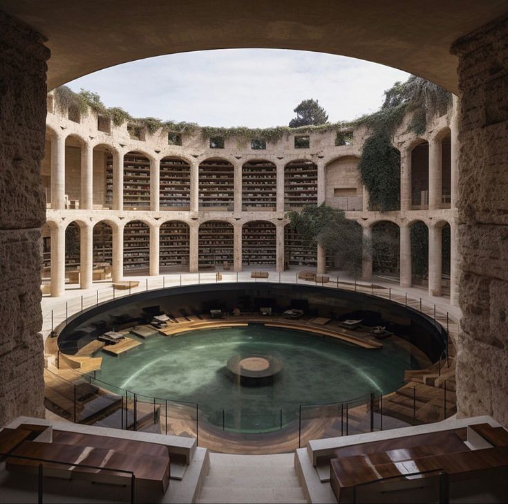 an indoor swimming pool in the middle of a building with stone pillars and arches around it