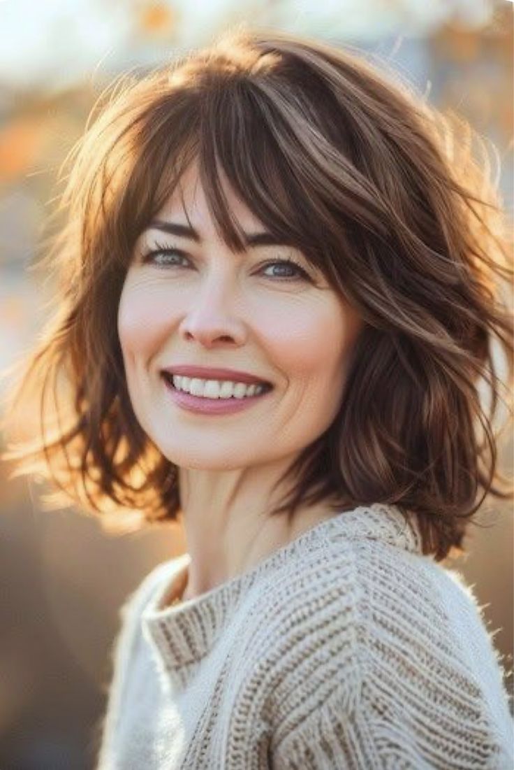 Mid Length Lob Haircut, Wavy Bob With Bangs Over 50, Wavy Lob With Layers, Shoulder Length Bob Wavy Hair, Shoulder Length Hair Lob, Wavy Thick Haircut Shoulder Length, Medium Layered Lob Haircut, Above Shoulder Layered Haircuts, Short To Medium Hair With Bangs