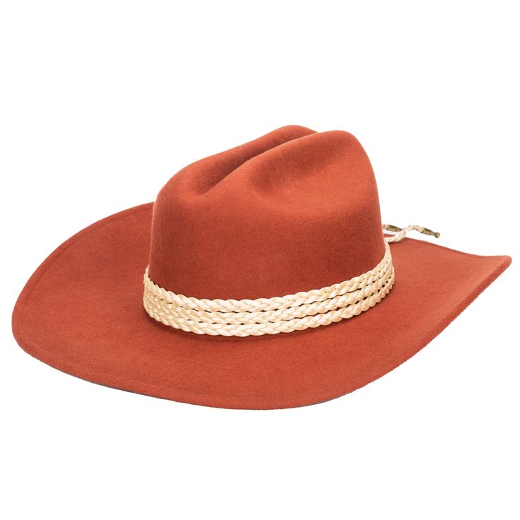 A chic western-inspired rancher cowboy hat featuring a cattleman crease crown. Add some flame to every festival and concert you are planning this year with a hat that will do all the talking fo you. Triple braided wrap trim and the back western concho adds more to the flair. ? Features : Brim Size: 3.75" 100% wool Color: Rust Women's one size ( 57 cm, 22.5 inches) Adjustable internal drawstring for a tighter fit Triple braided wrap trim with back western concho Southwestern Fitted Hats For Rodeo, Western Short Brim Hats For Country Concerts, Fitted Southwestern Hat For Western-themed Events, Fitted Western Hat For Western-themed Events, Western Hat Band For Rodeo With Curved Brim, Western Curved Brim Hat Bands For Rodeo, Western Style Curved Brim Felt Hat For Ranch, Western Flat Brim Hat For Rodeo, Western Style Flat Brim Hat For Rodeo