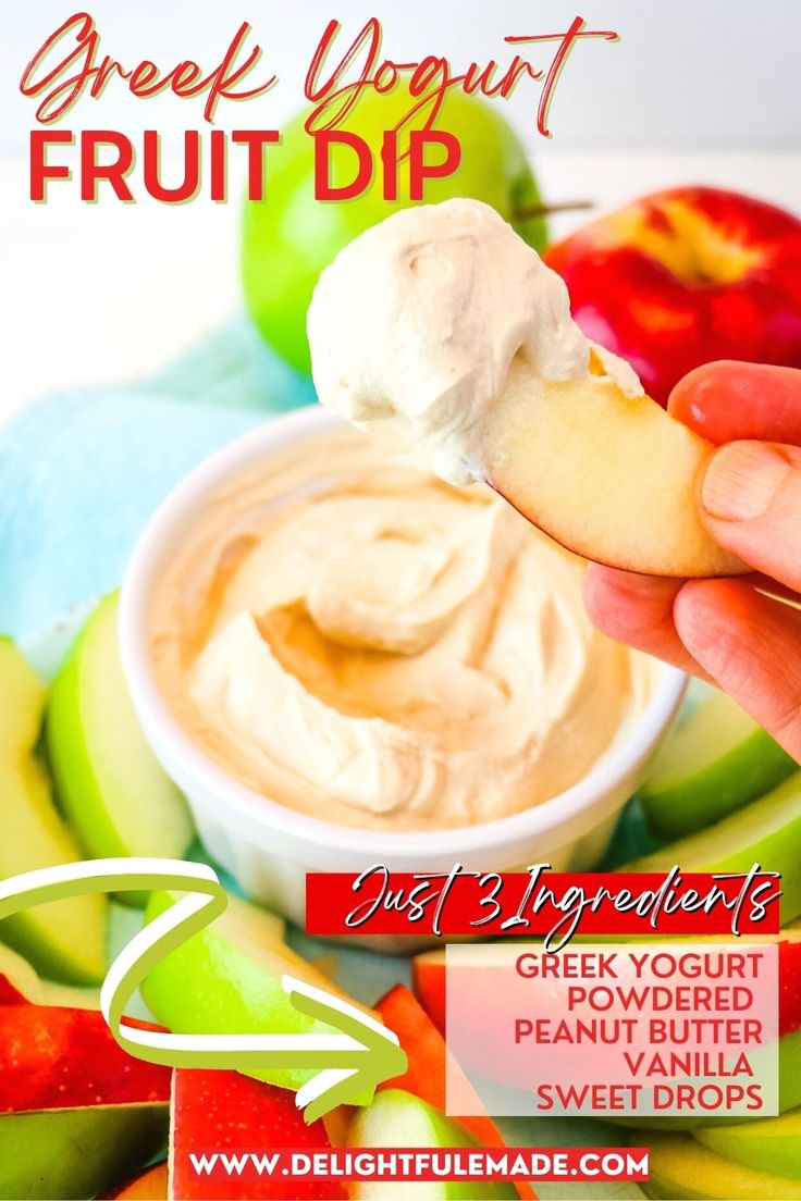 a person dipping some fruit into a small white bowl with dip in it's hand