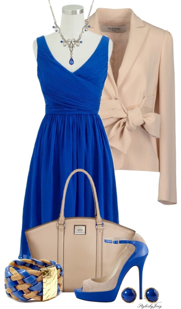 "Bold in Blue and Taupe" by stylesbyjoey ❤ liked on Polyvore Ssense Fashion, Nude Outfit, Blue Dress Outfits, Dress And Jacket, Royal Blue Dress, Color Combo, Work Attire, Dress Outfit, Polyvore Outfits