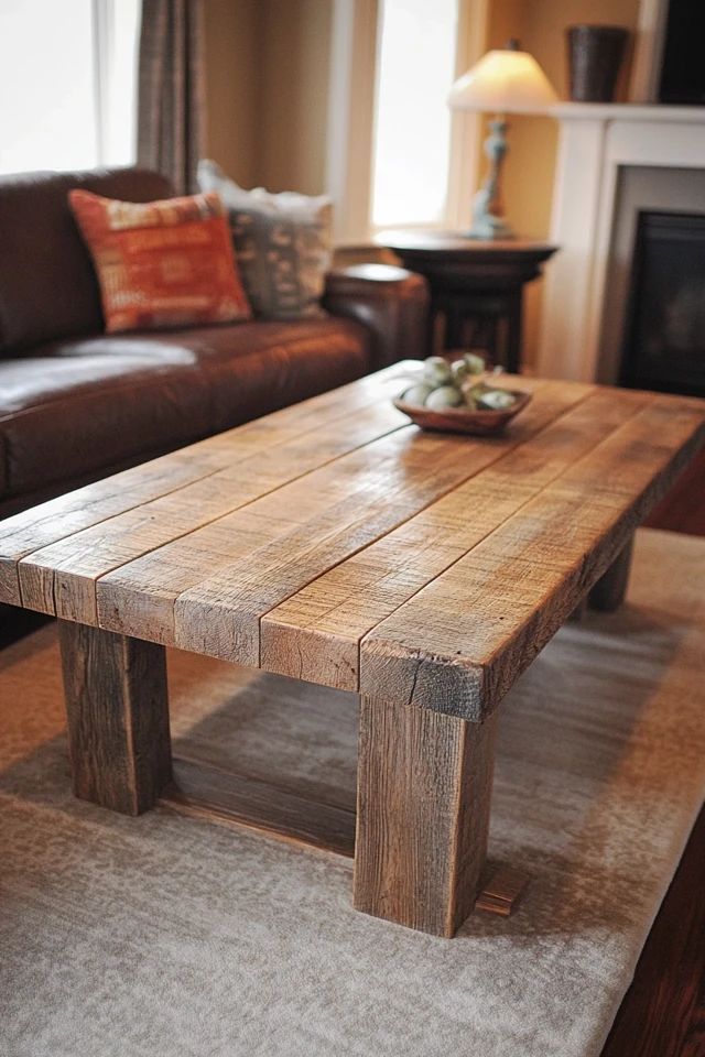 a wooden table sitting on top of a rug next to a couch