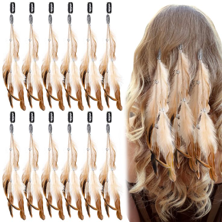 PRICES MAY VARY. Suitable Size: the length of tassels is about 25 cm/ 9.8 inches and the feather is about 8 cm/ 3.2 inches to 15 cm/ 5.9 inches, there is a small comb clip on top of each hair clip, which is convenient for you to fix them on your hair Easy to Use: the boho hair accessories are sweet and stylish, you can wear them as a bohemian girl at Christmas parades and parties, it is very easy to use and does not require other tools, providing you with a nice using experience Various Colors: Native American Wedding Dress, Feather Braid, Medieval Fair, Boho Hair Accessories, Moon Chain, Bohemian Woman, Feather Hair Extensions, Hippie Hair, Feather Hair Clips