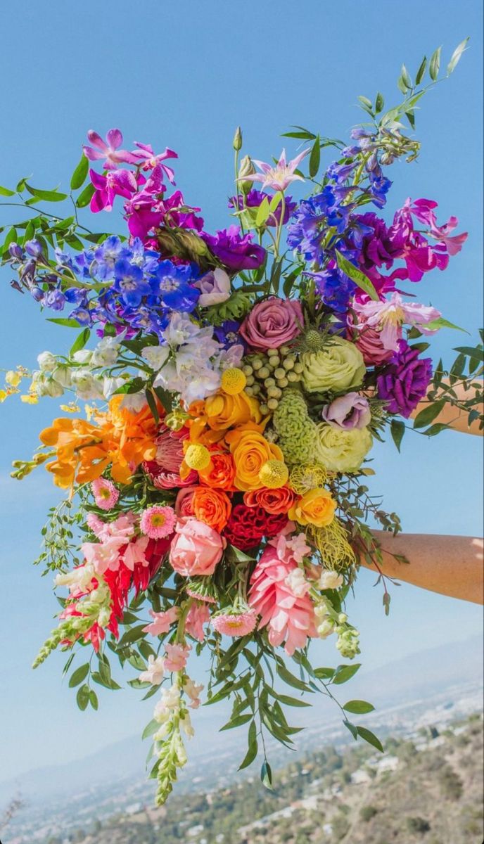 Colorful flowers, rainbow bouquet, assortment of flowers, bouquet, florist Rainbow Wedding Theme, Rainbow Bouquet, Colorful Bridal Bouquet, Multicolor Wedding, Colorful Wedding Bouquet, Flower Boquet, Funky Wedding, Rainbow Wedding, Bright Wedding